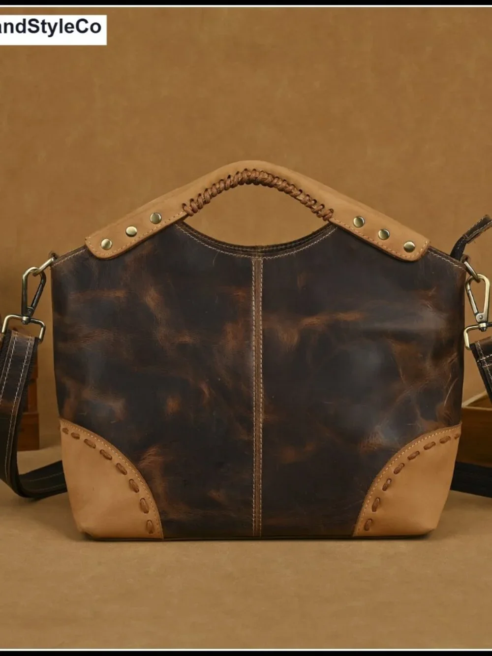 Genuine Crazy Horse Leather Satchel Crossbody Handbag Top-Handle Shoulder Bag